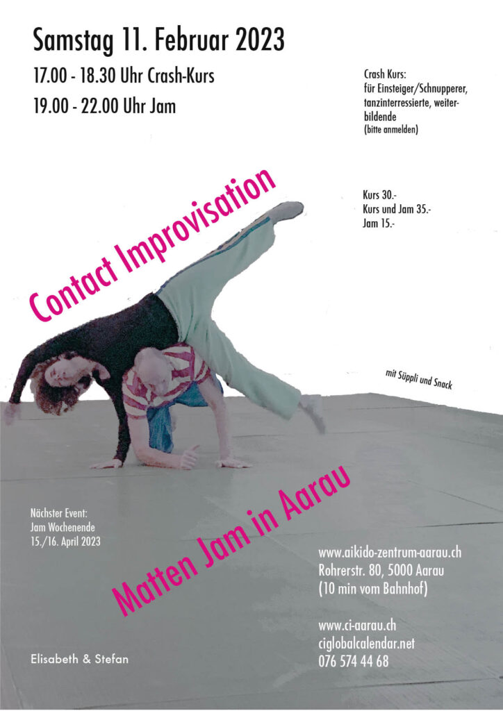 Contactimprovisation Crash Kurs Contactaimprovisation 17.00 -18.30 Uhr Matten Jam in Aarau 19.00 - 22.00 Uhr Am 11. Februar 2023 an der Rohrerstr. 80, 5000 Aarau